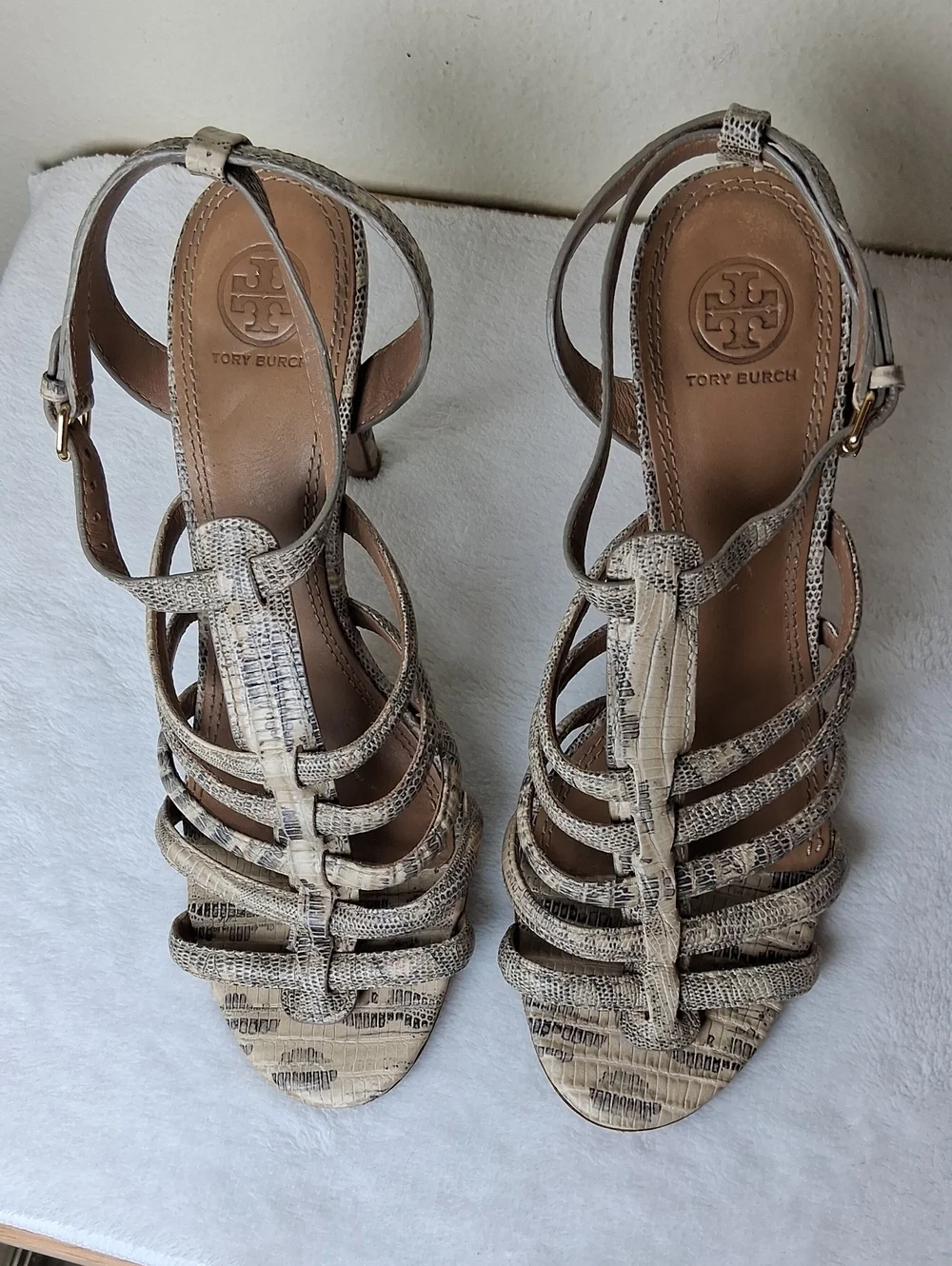 Tory Burch Neutral Snake-Print Strappy Heels